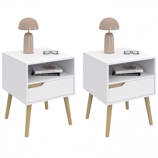 Lot de 2 tables de chevet HELSINKI scandinaves 1 tiroir avec niche blanc