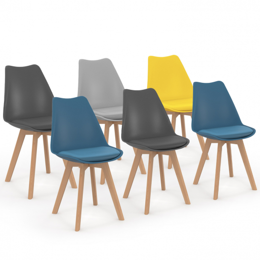 Set van 6 SARA Scandinavische stoelen mix kleur blauw x2, lichtgrijs, donkergrijs x2, geel