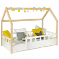 Lit cabane enfant 80 x 160 CM NEREE blanc et hêtre avec sommier et barrières