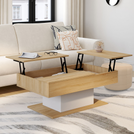 Table basse 2 plateaux relevables rectangulaire EDEN bois et blanc