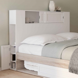 Tête de lit sur pied SALEM 145 cm avec rangements fermés et niches blanc