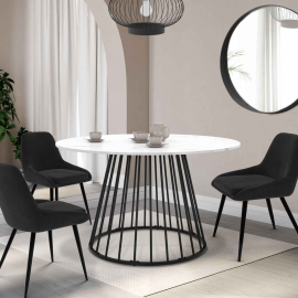 YUNA 4-6 persoons ronde eettafel met ALASKA wit marmer-effect blad en zwart metalen draadpoot 110 cm