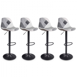 Lot de 4 tabourets de bar KARL design patchworks noirs, gris et blancs pied noir