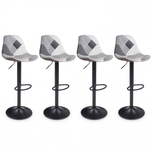 Lot de 4 tabourets de bar KARL design patchworks noirs, gris et blancs pied noir