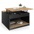 Table basse plateau relevable carrée ELEA avec coffre bois noir et façon hêtre