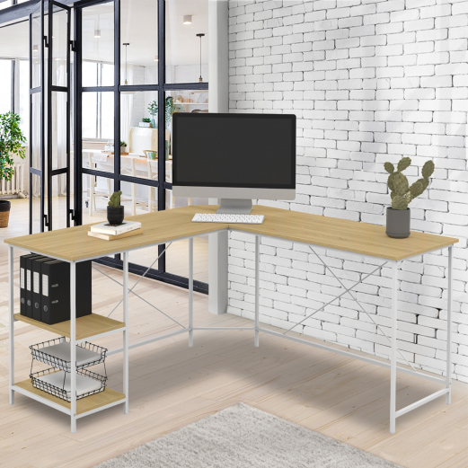 DETROIT L-vormig industrieel design hoekbureau in hout en wit metaal