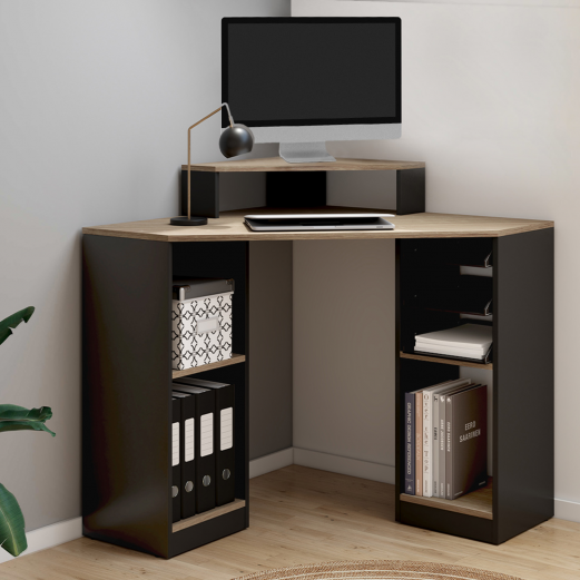 Bureau d'angle HARRY noir et façon hêtre gain de place bureau informatique avec rangements