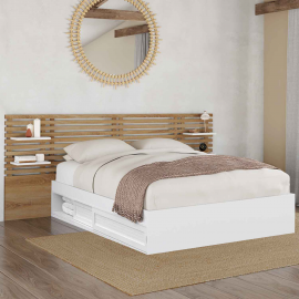 Lit double SAVANA avec rangements + tête de lit + chevets et sommier 140 x 190 cm blanc et façon hêtre