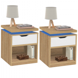 Lot de 2 tables de chevet LUNA à LEDS 1 tiroir avec niche hêtre et blanc