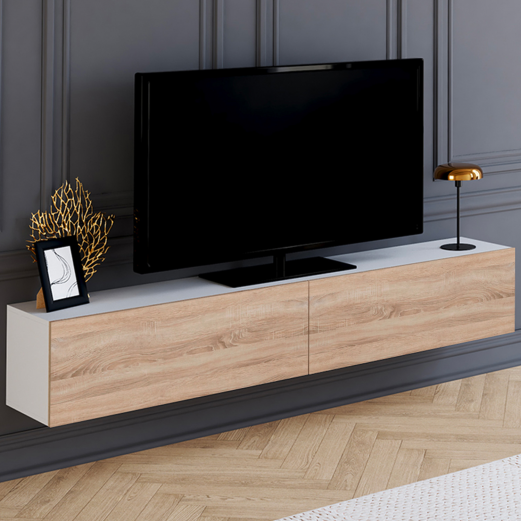 Meuble TV 180 cm suspendu ELIO 2 portes blanc et bois