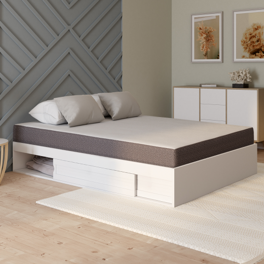 SALEM bedframe met opbergruimte en 140 x 190 cm witte lattenbodem + 20 cm dikke traagschuim matras