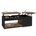 Table basse 2 plateaux relevables EYLA avec coffre bois foncé effet vieilli et noir