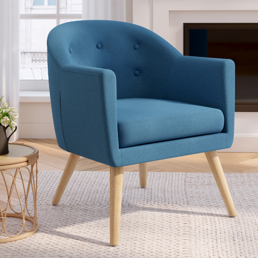 Scandinavische fauteuil OLAN cabriolet in blauwe stof