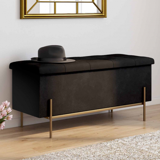 Banc coffre rangement LOUIS avec pieds métal doré 100 cm velours noir