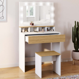 Coiffeuse ZELIA blanc et hêtre miroir LED avec 4 niches, 1 tiroir et tabouret