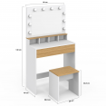 Coiffeuse ZELIA blanc et hêtre miroir LED avec 4 niches, 1 tiroir et tabouret