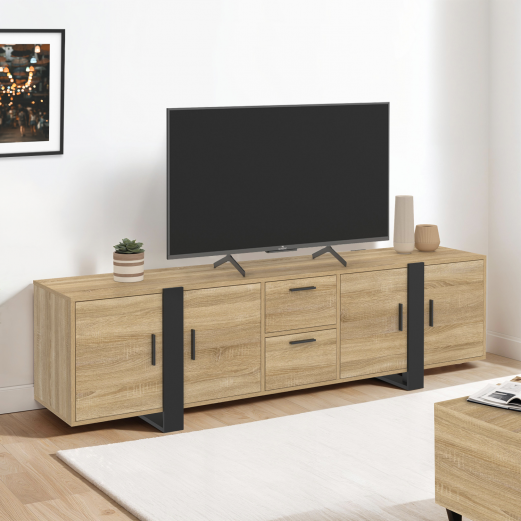 Meuble TV 180 cm PHOENIX 4 portes + 2 tiroirs bois et noir