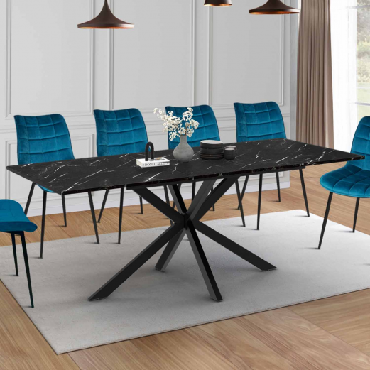 Table à manger extensible rectangle ALASKA 6-10 personnes effet marbre noir et pied araignée métal 160-200 cm