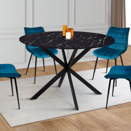 Table à manger ronde ALASKA 4-6 personnes effet marbre noir et pied araignée métal 110 cm