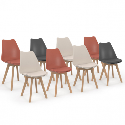 Set van 8 SARA Scandinavische stoelen mix kleur donkergrijs x2, terracotta x3, beige x3