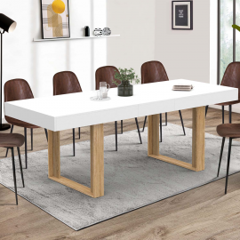 Table à manger extensible rectangle PHOENIX 6-10 personnes blanc pieds bois 160-200 cm