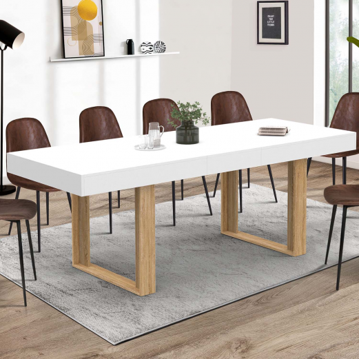 Table à manger extensible rectangle PHOENIX 6-10 personnes blanc pieds bois 160-200 cm