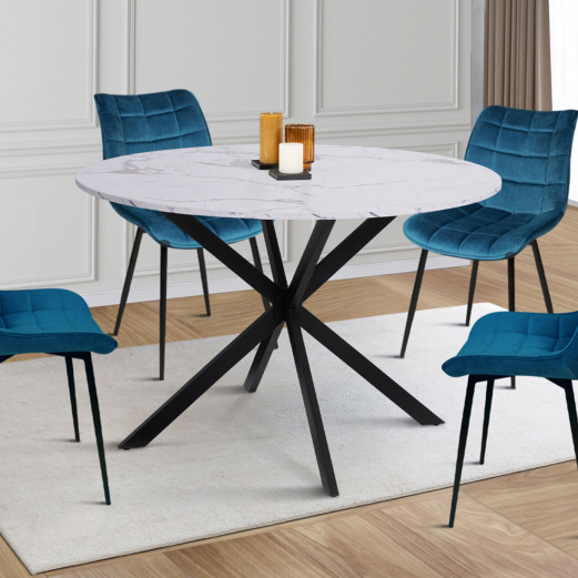 ALASKA ronde eettafel 4-6 personen wit marmereffect en metalen spinpoot 120 cm