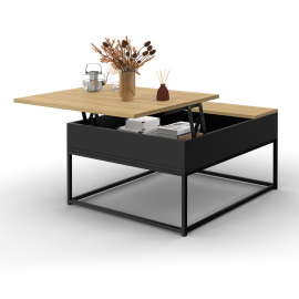 Table basse carrée noire plateau relevable façon hêtre BOSTON design industriel