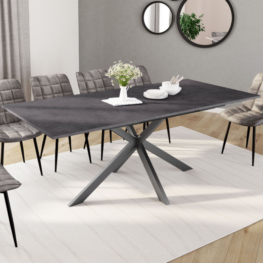 Table à manger extensible rectangle JASPE 6-10 personnes plateau effet béton pied araignée gris anthracite 160-200cm