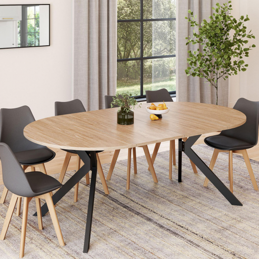 Table à manger extensible ronde ALIX 4-10 personnes pied araignée bois et noir 110 - 200 cm