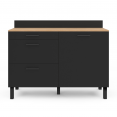 Buffet bas casserolier de cuisine 120 CM CINA plan de travail H.83 cm 1 porte + 3 tiroirs façon hêtre et noir