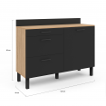 Buffet bas casserolier de cuisine 120 CM CINA plan de travail H.83 cm 1 porte + 3 tiroirs façon hêtre et noir