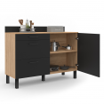 Buffet bas casserolier de cuisine 120 CM CINA plan de travail H.83 cm 1 porte + 3 tiroirs façon hêtre et noir