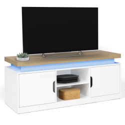 Meuble TV 110 cm 2 portes LUNA à LEDS blanc et plateau effet bois 