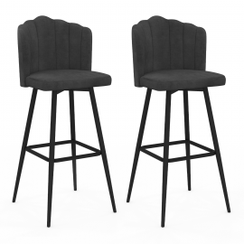 Lot de 2 tabourets de bar coquillage ADELLA gris anthracite en velours pieds noirs