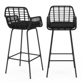 Lot de 2 tabourets de bar SUMMER avec accoudoirs effet rotin noir pied métal noir