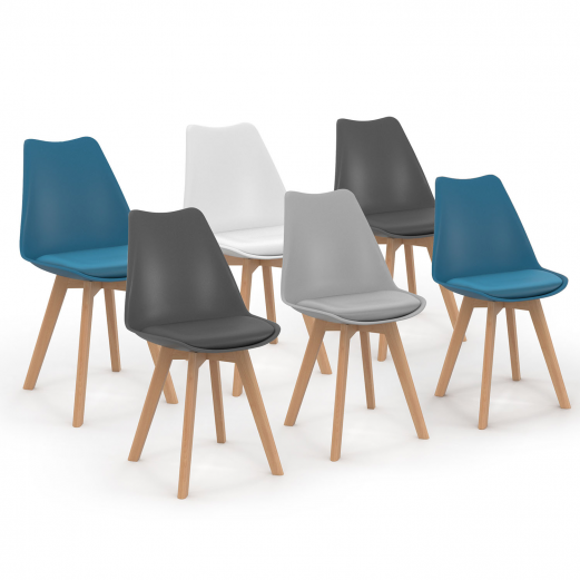 Set van 6 SARA Scandinavische stoelen mix kleur wit, lichtgrijs, eendenblauw x2, donkergrijs x2