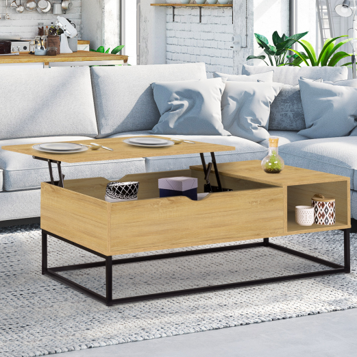 Table basse plateau relevable rectangulaire DETROIT avec rangements design industriel