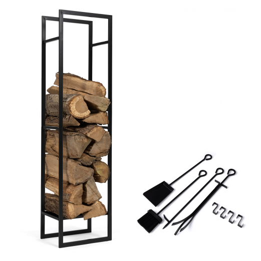 Verticaal zwart stalen houtrek met plank en accessoires H. 170 cm voor open haarden