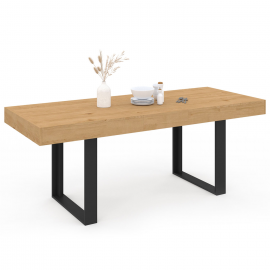 Table à manger extensible rectangle OREGON 6-10 personnes façon chêne et noir 160-200 cm