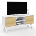 Meuble TV 110 cm FINN blanc 2 portes façon hêtre