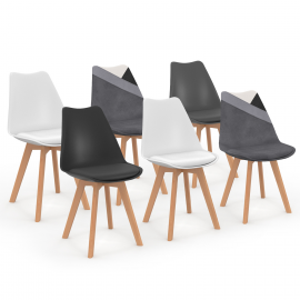 Lot de 6 chaises scandinaves SARA gris foncé, blanc, noir et patchworks noir, gris et blanc