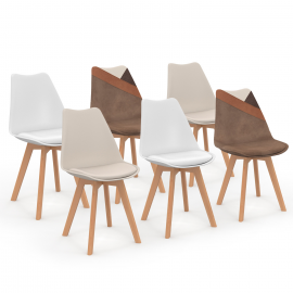 Set van 6 beige en witte SARA Scandinavische stoelen met bruin en beige patchwork fluweel