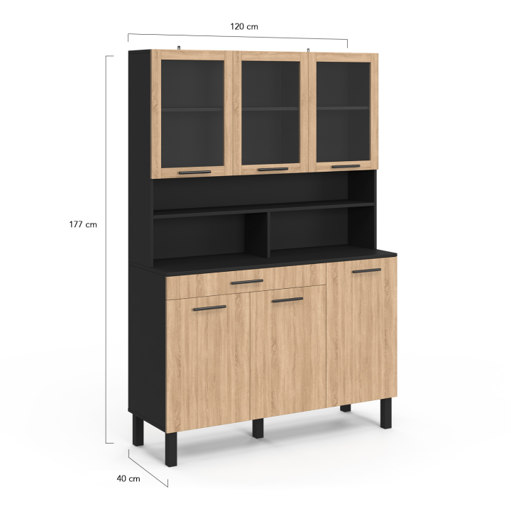 Buffet de cuisine vitré 120 CM CINA 6 portes + tiroir noir et façon hêtre