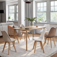 Set van 6 beige en witte SARA Scandinavische stoelen met bruin en beige patchwork fluweel