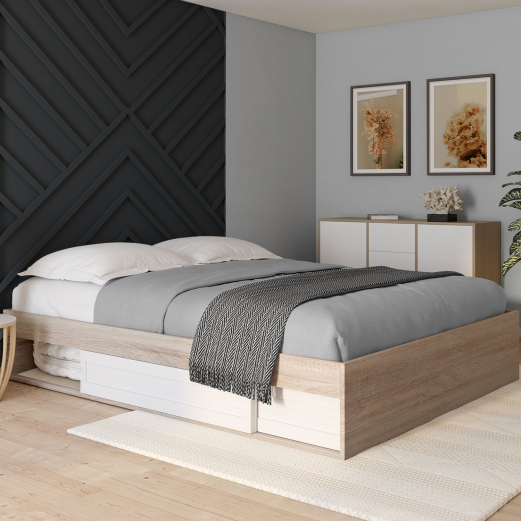 SALEM bedframe met opbergruimte en lattenbodem 160 x 200 cm met hout- en witeffect