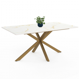 Table à manger rectangle ALIX  8 personnes pied araignée laiton et plateau effet marbre blanc ALASKA 160 cm