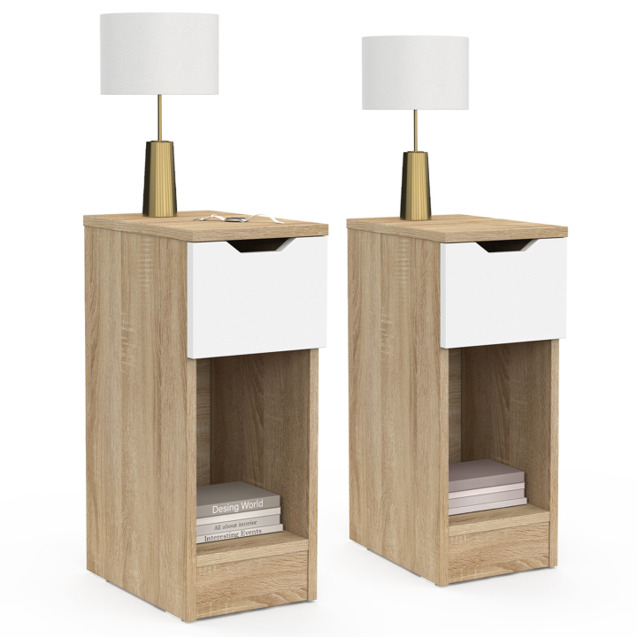 Lot de 2 tables de chevet ANOUK 1 tiroir avec niche bois façon hêtre et blanc