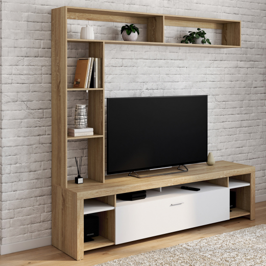 Ensemble meuble TV et étagères 170 cm MALO bois et placard blanc