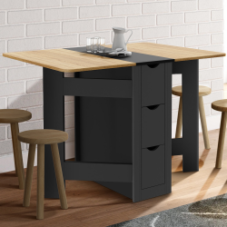 Table console pliable EDI 2-4 personnes avec 3 tiroirs noirs plateau façon hêtre 103 x 76 cm